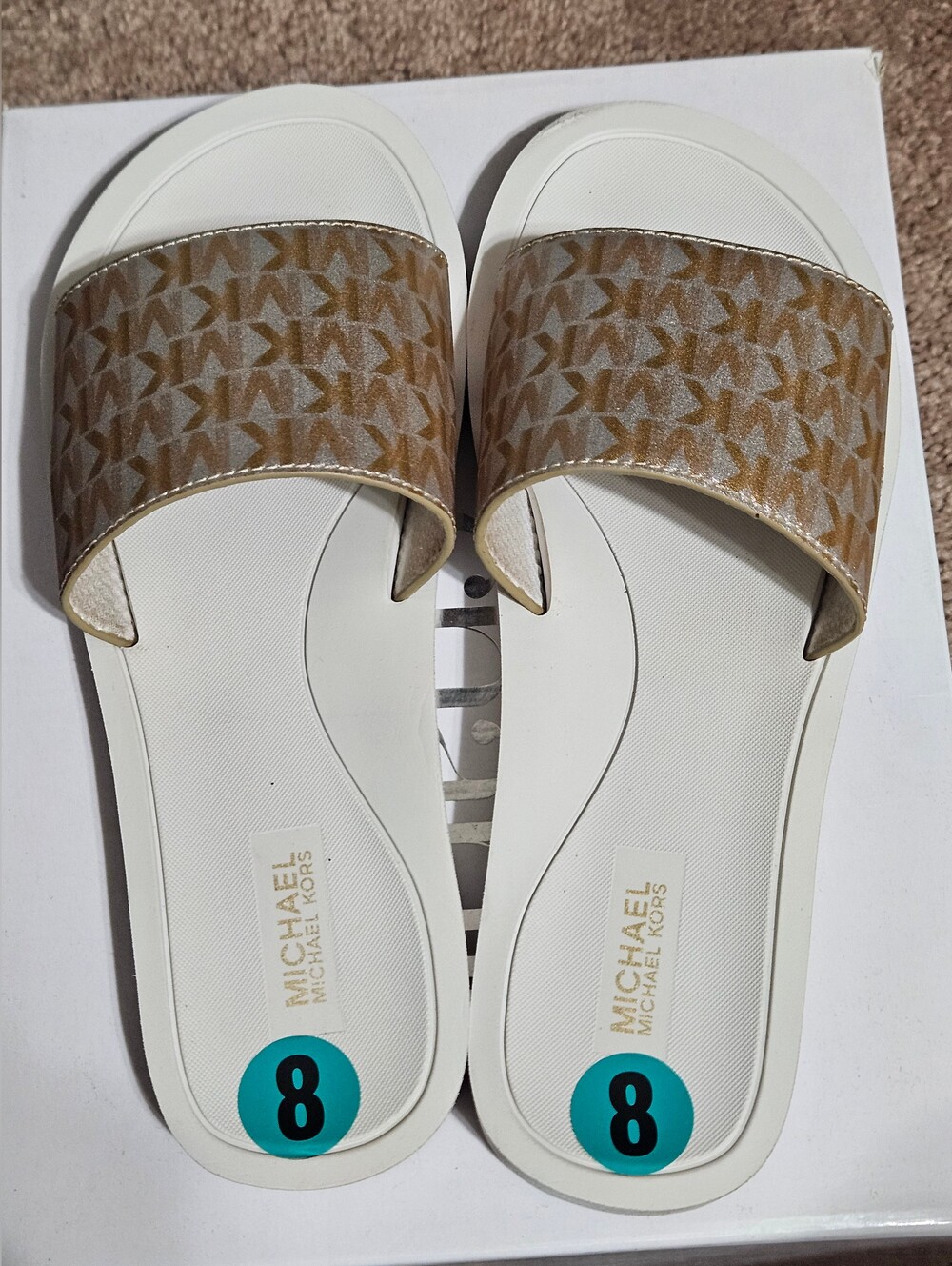 Michael Kors MK Women's White & Brown Logo Slide Sandals Size 8